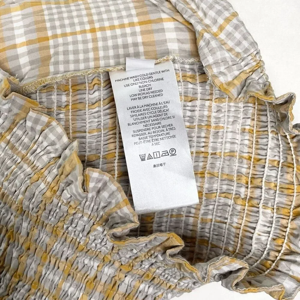 Anthropologie Yellow and White Plaid Puff-Sleeve Square Neck Top